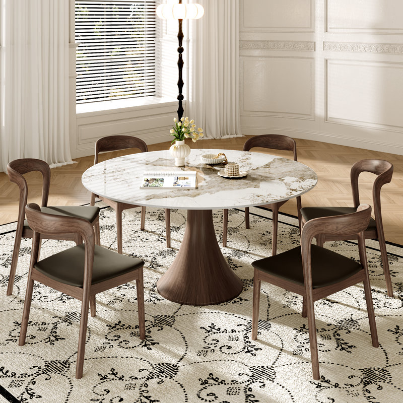 Stone Round Hower With 4/6 Premium Solid Wood Leather Dining Chairs, Sand, 29.52" H x 53.15" W x 53.15" D, 7