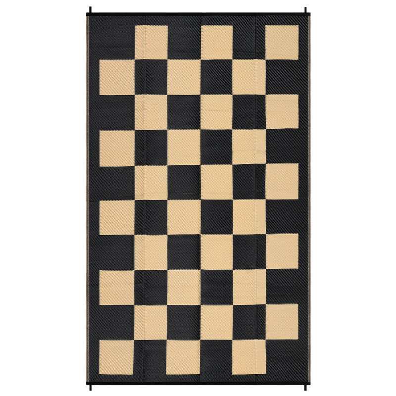 9x12 FT Reversible Outdoor Rug, Black & Brown Modern Checkered Waterproof Plastic Straw Patio Mat, UV Resistant Portable Foldable Carpet With Carry Bag & Stakes For Patio Deck Camping Picnic Balcony Lawn