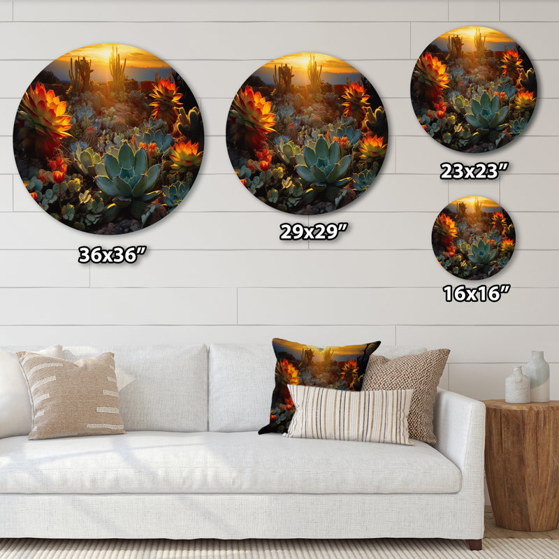 Succulent désert, cactus brûlant, coucher de soleil - art floral rond en métal, H 16 po x l 16 po
