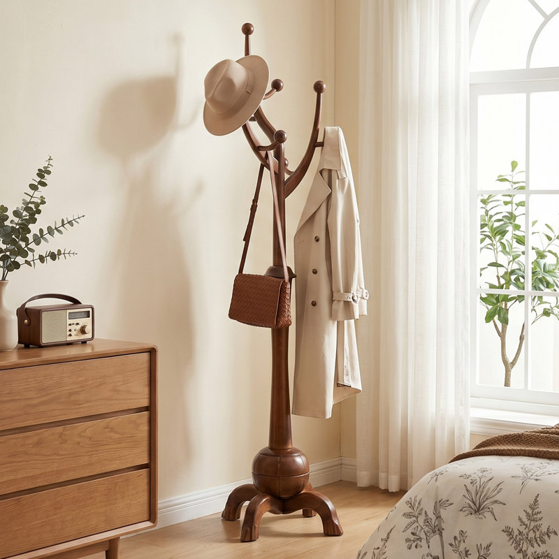 Janiya 8-Hook Solid Wood Freestanding Coat Rack, Brown