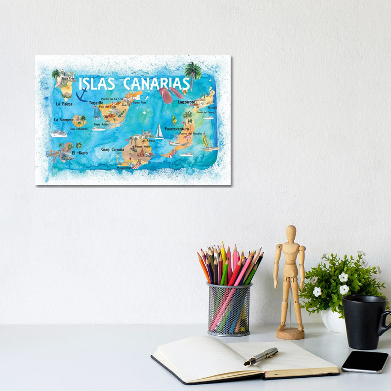 Canary Islands Illustrated Travel Map With Tenerife, Gran Canary, Lanzarote, Fuerteventura La Palma Gomera And Hierro by Markus & Martina Bleichner - Wrapped Canvas Gallery-Wrapped Canvas Giclée