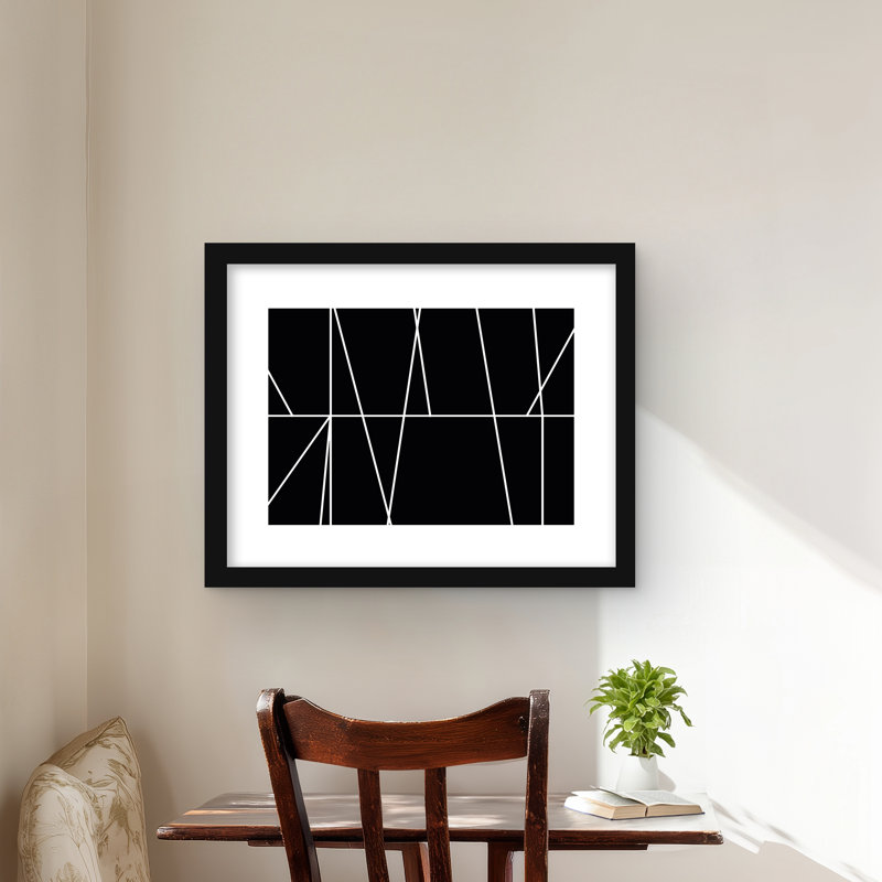 Rayures blanches sur fond noir - reproduction d'art abstraite encadrée