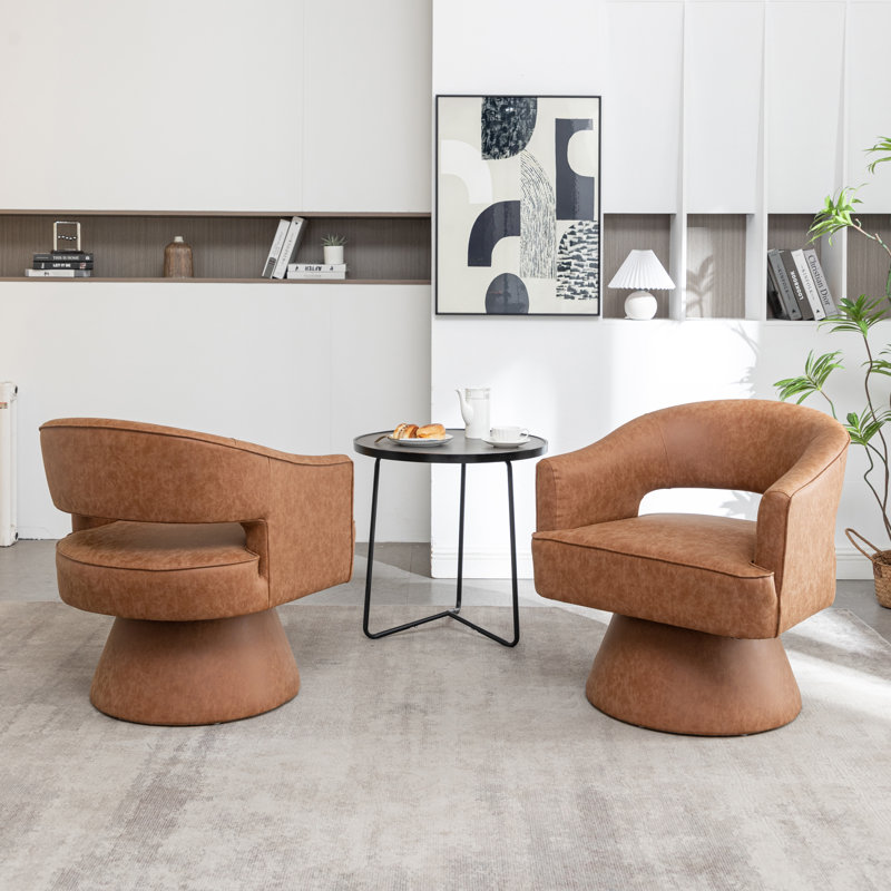 Kiersten Faux Leather Swivel Barrel Chair, Brown Faux Leather, 2