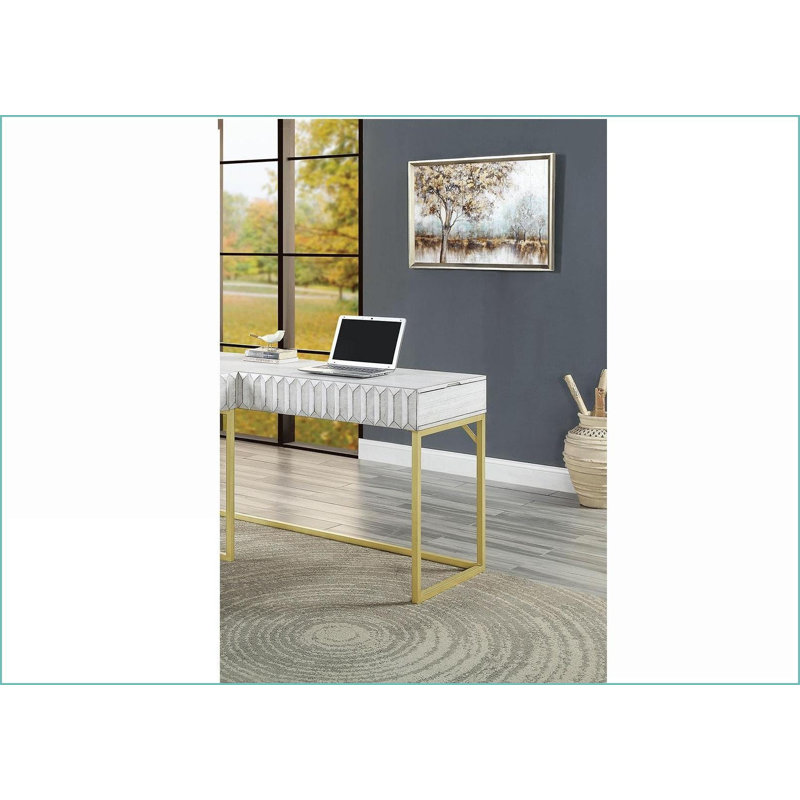 Bureau d'ordinateur transitionnel bicolore avec plateau relevable, tiroir dissimulé, ports USB | Blanc antique | Bois massif Acier