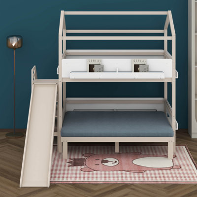Lit superposé en bois en forme de maison avec glissière et escalier de rangement, cadre de lit superposé avec tablettes