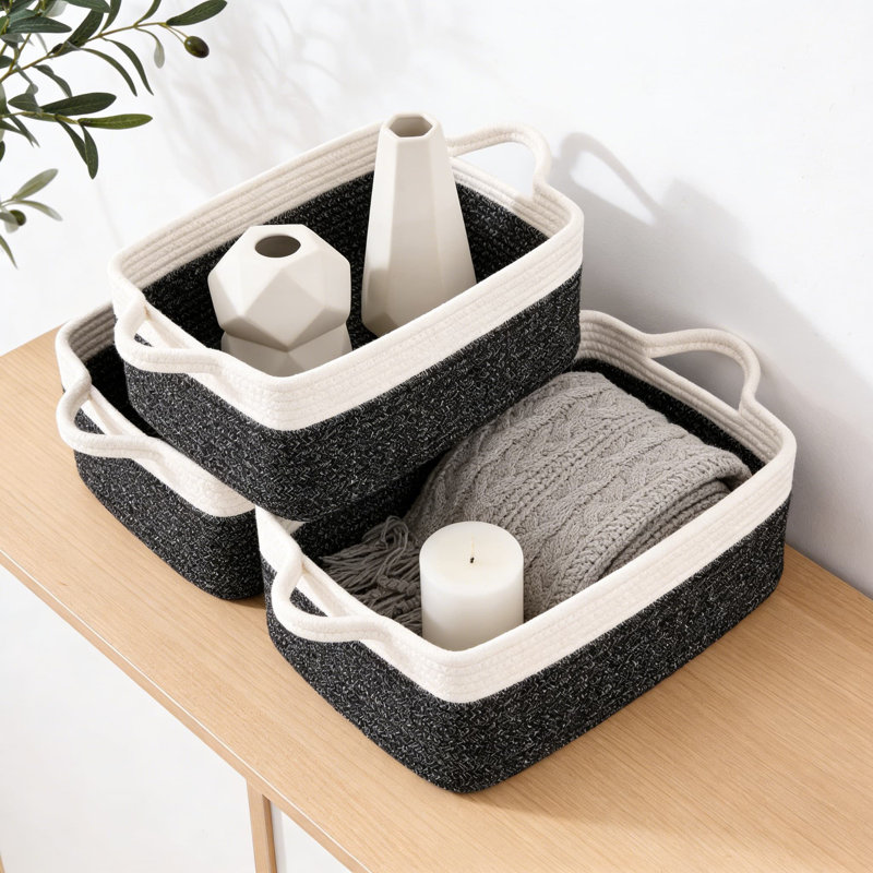 Ensemble de 3 paniers de rangement en corde de coton tissé avec poignées, bacs de rangement rectangulaires pliables pour tablettes, placard et rangement de jouets