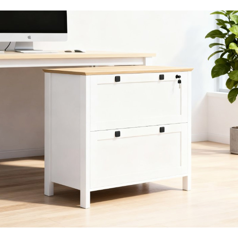 Classeur latéral pour la maison et le bureau avec barres réglables pour dossiers format lettre A4 Légal, tiroir supérieur verrouillable à deux clés, panneau de particules revêtu, agencement de couleur chêne blanc, L 31,1 po x l 15,7 po
