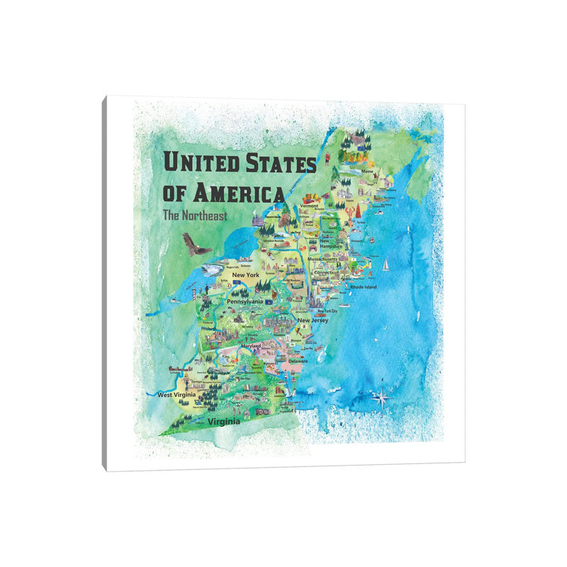 The Northeast Travel Map, USA by Markus & Martina Bleichner - Wrapped Canvas Print, 45.72 cm H x 45.72 cm W x 3.175 cm D