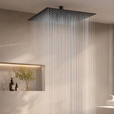 16 Inch Oversize Stainless Steel Rain Shower Head  Matte Black High Pressure Shower Head, Square Rainfall Showerhead  Waterfall Full Body Coverage  Universal Ceiling Or Wall Mount