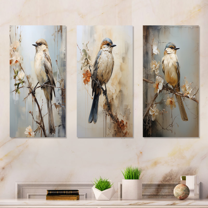 Minimalisme, oiseau beige sur une branche, Toile tendue, H 32 po x l 48 po