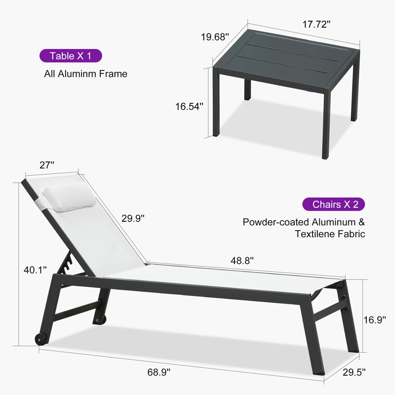 Outdoor Oversized Patio Chaise Pool Lounger Aluminum Frame With Side Table And Wheels, White