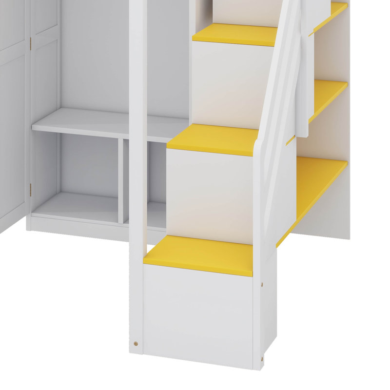 Lit mezzanine double avec escalier de rangement, meuble-lavabo intégré avec miroir et tiroir, garde-robe et armoires, avec charge et éclairage USB