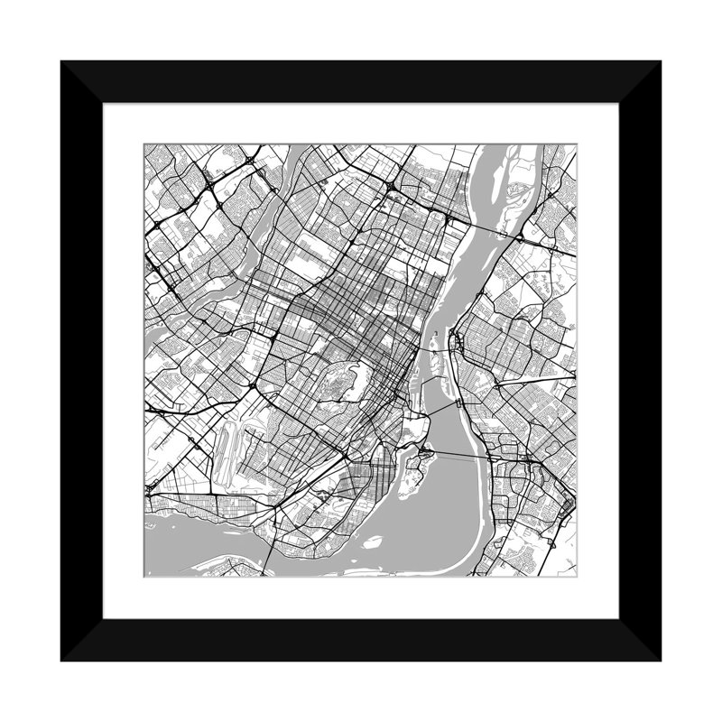 « montréal route », impression sur toile tendue, H 16 po x l 16 po x P 1 po, Papier d'art encadré noir, Blanc