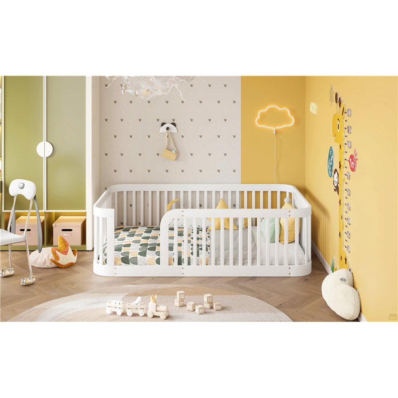 Structure de lit en bois pleine grandeur avec clôture en bois, Blanc