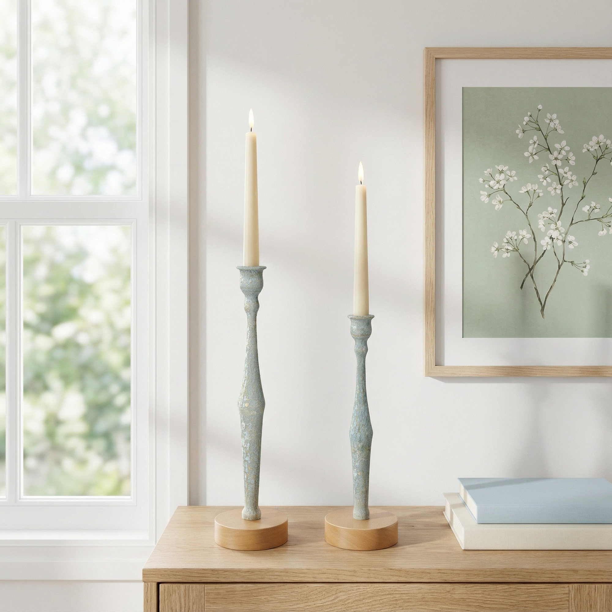 Alia 2 Piece Aluminum Tabletop Candlestick Set, Light Blue