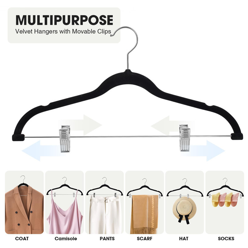 Cintre en velours avec pinces réglables, feutre, antidérapant, peu encombrant, cintre mince pour pantalons, jupes, costumes, manteaux, robes Ect, paquet de 24, (noir)
