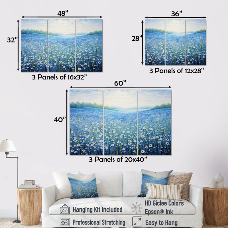 Seren azur fleurs champ - ensemble d'art mural fleur, Toile tendue, H 32 po x l 48 po x P 1 po