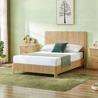 Structure de lit pleine grandeur en bois ondulé incurvé, aucun sommier nécessaire, design rustique et moderne
