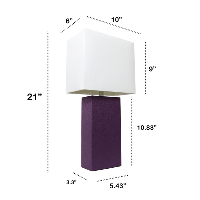 21" Leather Base Table Lamp with White Rectangular Linen Shade, Clear, No, Eggplant Purple