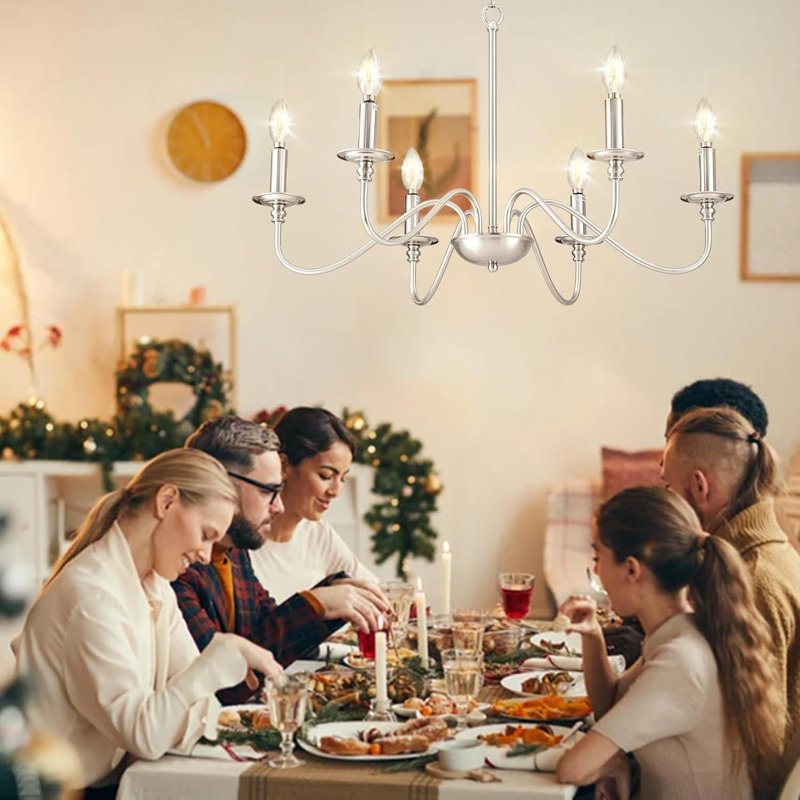 Modern Industrial Chandelier With 6-Light Candle Design, Adjustable Height, And Brushed Nickel Finish For Dining Room, Kitchen Island, And Living Room