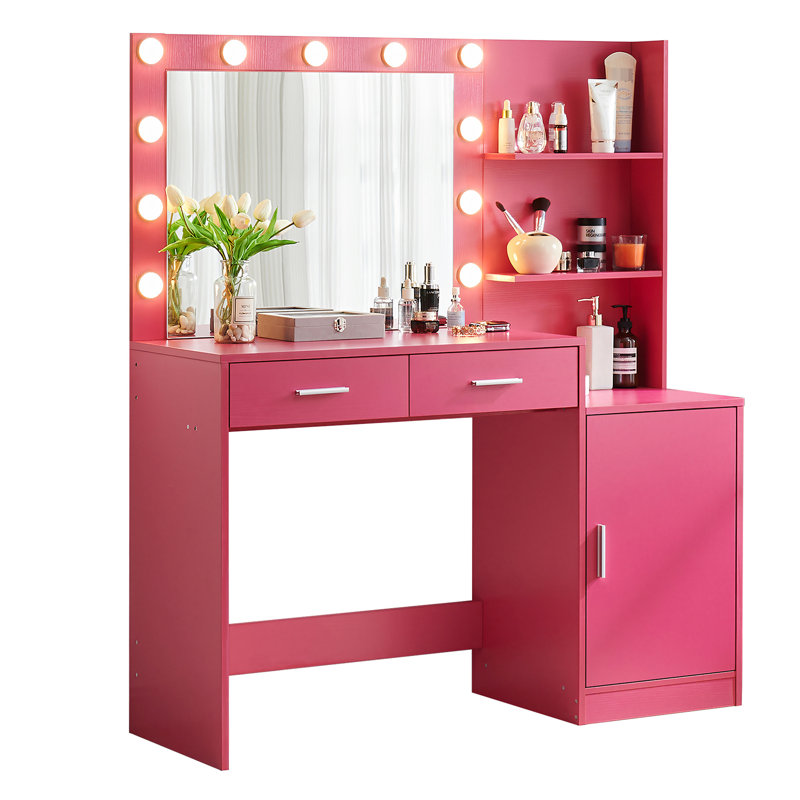 Vanity Desk With Mirror And Lights, 46.4in Dressing Table, 2 Large Drawers & Mesmerizing Vertical Organizer, 3 Level Dresser, Lighting Modes Adjustable Brightness For Bedroom
