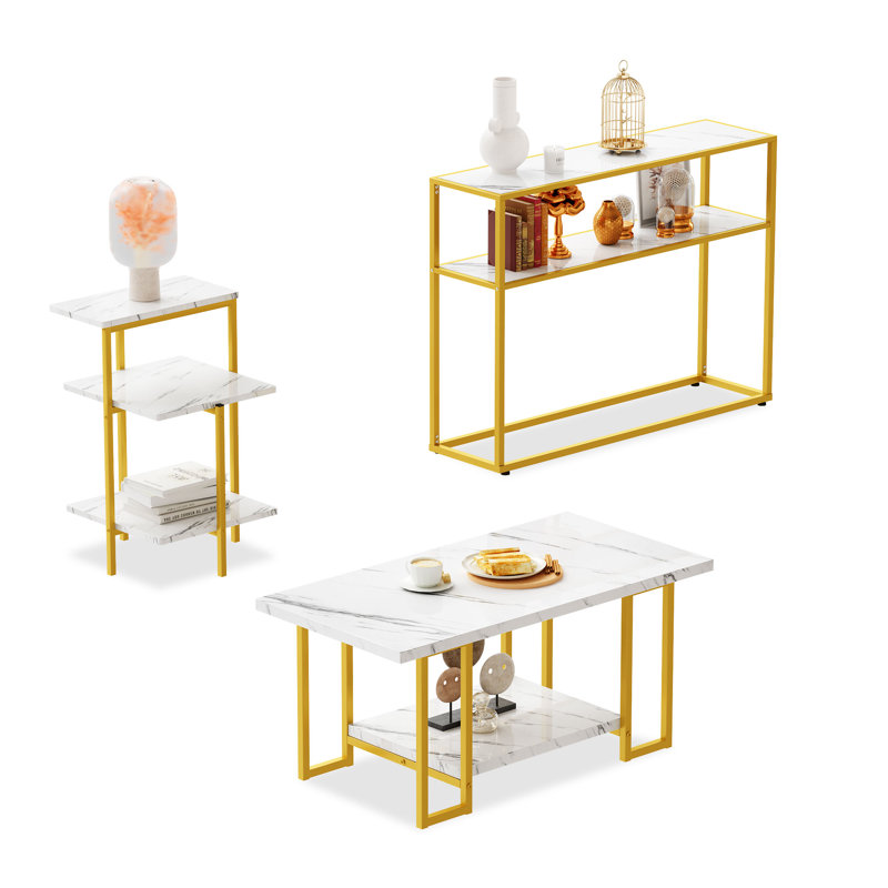Aliona 3 - Piece Living Room Table Set, Mid-Century Modern Style Coffee Table and End Table Set, Marble White