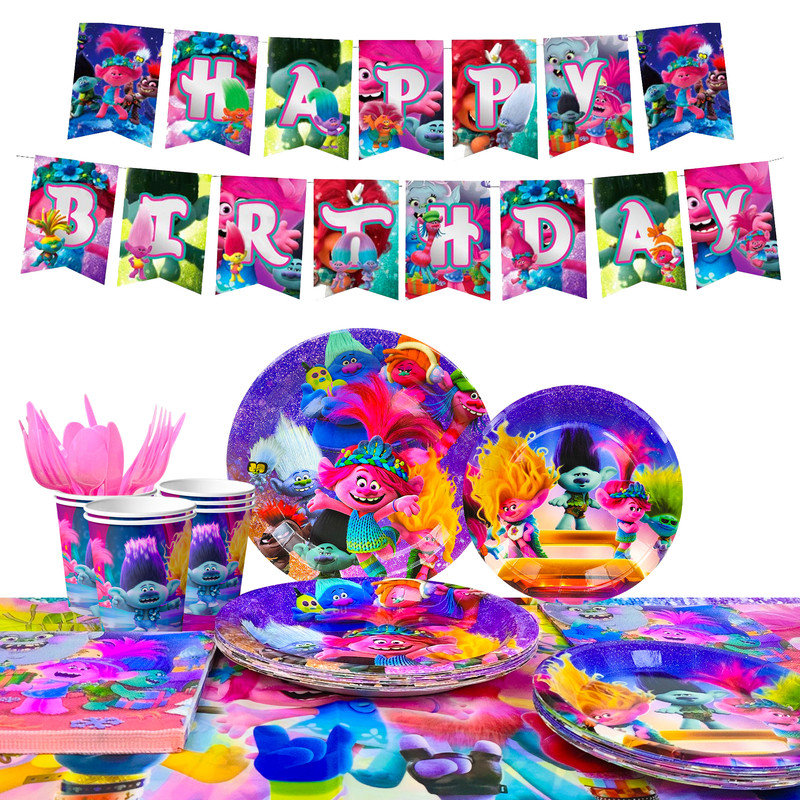 Trolls Party Supplies,114pcs Trolls Party Tableware Set