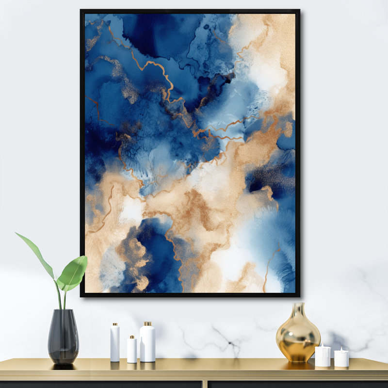 Bleu et nuages de marbre dorés, Cadre flottant noir, H 44 po x l 34 po x P 1,5 po