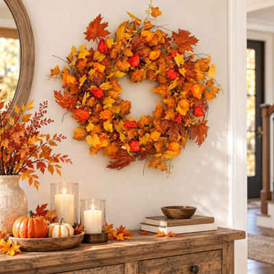 Couronne d'automne artificielle en feuilles d'érable de 56 cm (22 po) pour porte d'entrée