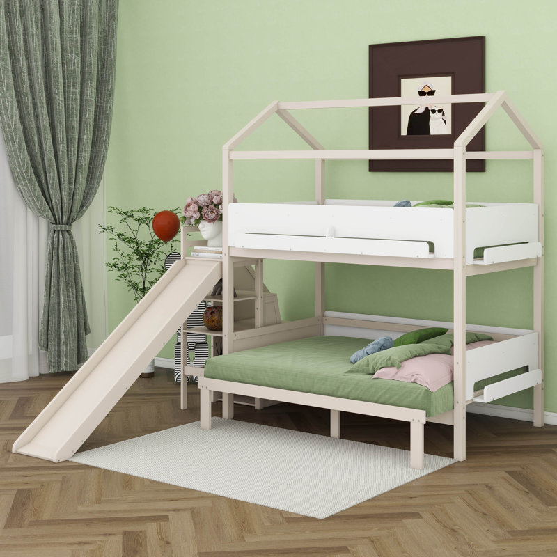 Lit superposé en bois en forme de maison avec glissière et escalier de rangement, lit superposé peu encombrant avec tablettes intégrées et garde-corps