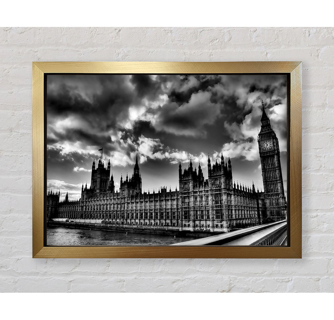 London Houses Of Parliament B N W Sturmwolken - Einzelner Bilderrahmen Kunstdrucke