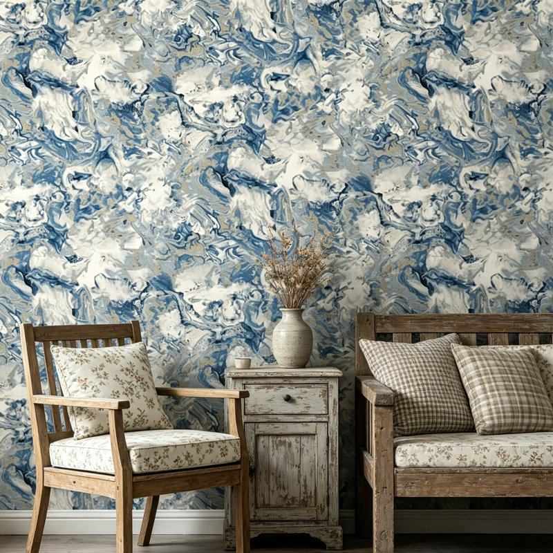 Luxurious Blue Metallic Marble Effect Wallpaper