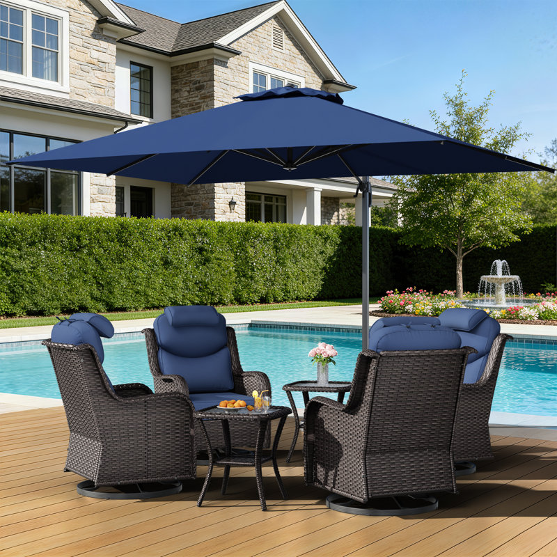 Adcox 4-Person Outdoor PE Wicker Swivel Chairs Set With Patio Umbrella,Removable Headrests,Side Tables & Blue Cushions, Blue