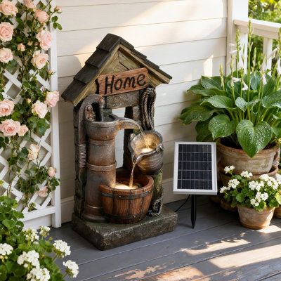 Vintage Solar Powered Wall-mounted And Freestanding Outdoor Fountain, 28.7 H Resin Garden Water Feature With Water Well And Wine Barrel For Gardens, Landscaping, Patios, Balconies, Lawns