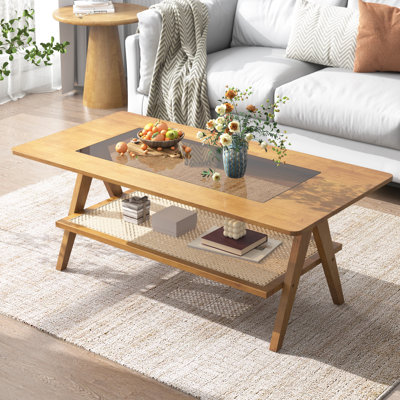 47.2” Rattan Coffee Table - 2 Tier Rectangular Wooden Coffee Table with Glass Top, Mid Century Modern Center Table for Living Room Office, Natural