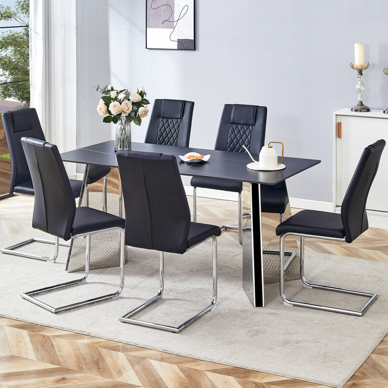 6 repas en marbre noir avec pieds en acier inoxydable et grille 63 po, Noir / argenté