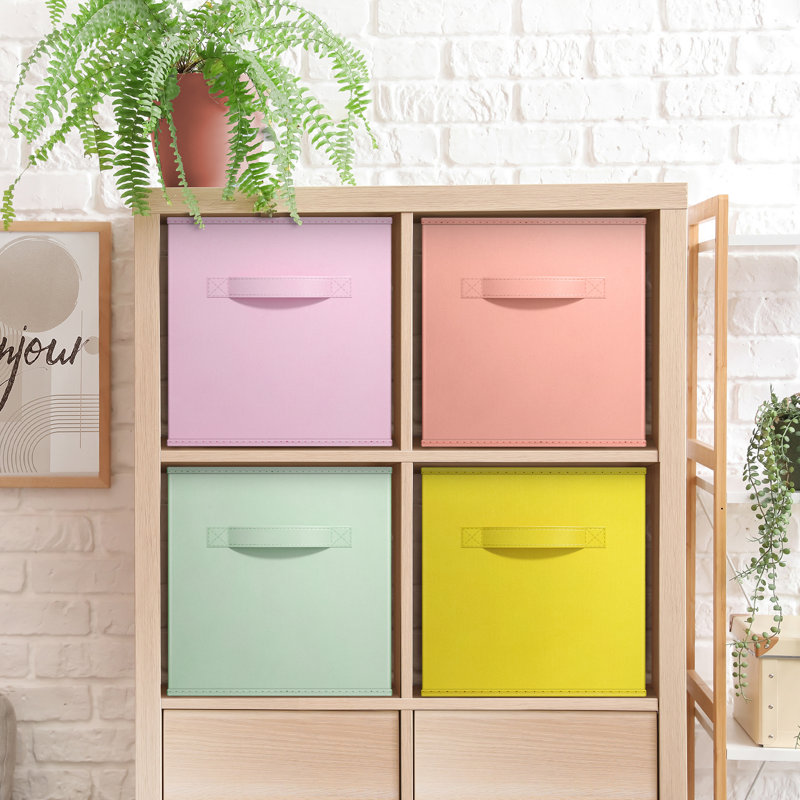 4 Pack 11" Foldable Fabric Storage Cube Bins with Handles, Pink/Orange/Green/Yellow