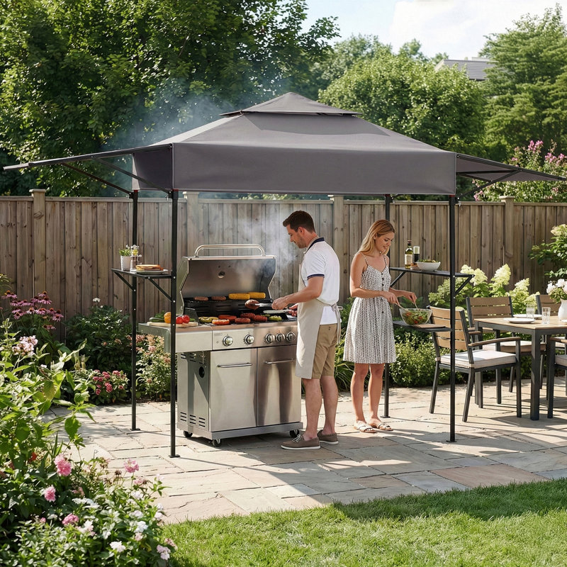 Abri de jardin pour barbecue à toit double 3,3 x 12,5 pi avec abat-jour réglables et plateaux en filet noir, Gris