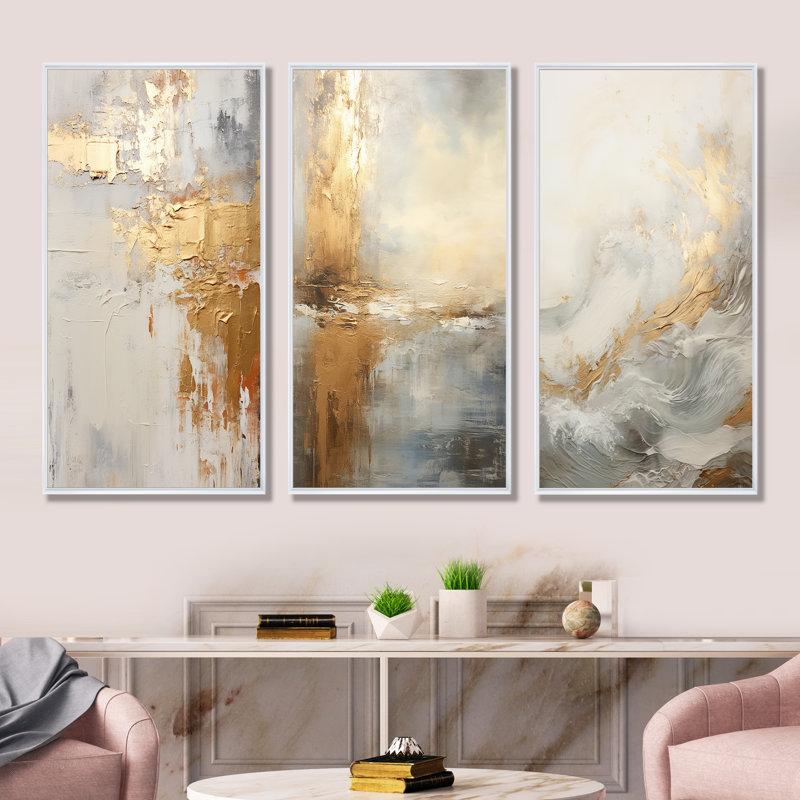 Beige côtier moderne et rivière Gold, Cadre flottant blanc, H 32 po x l 48 po