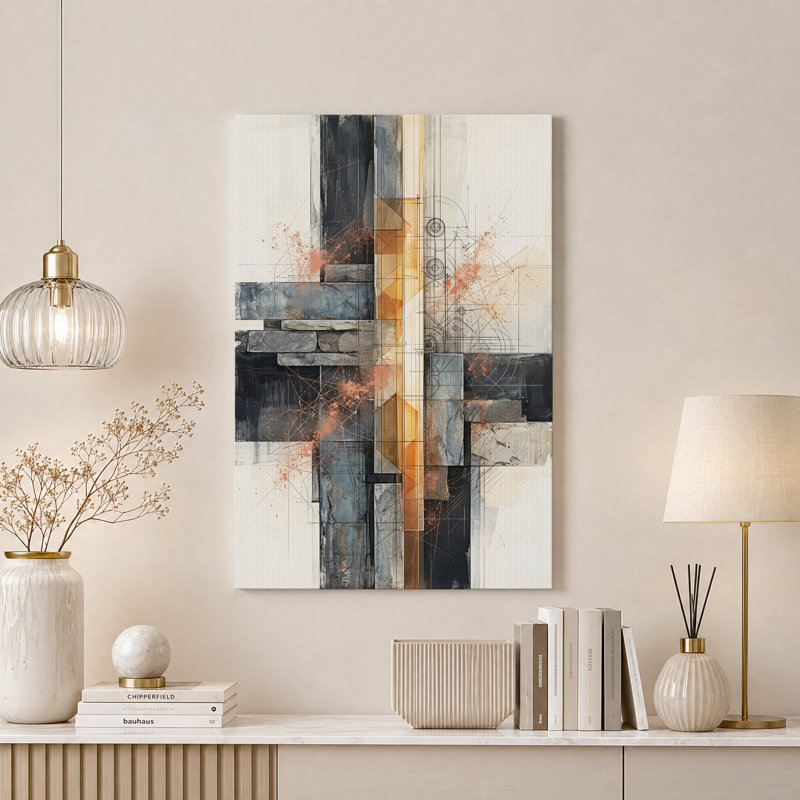 Tableau géométrique abstrait sur toile gris et orange, H 18 po x l 12 po