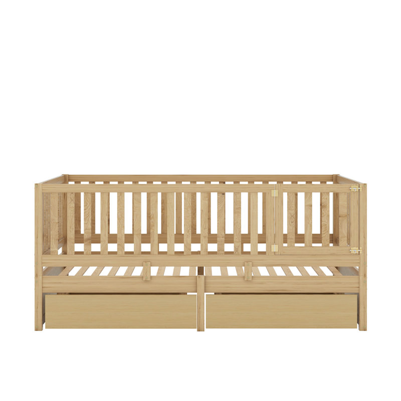 Full Size Wood Daybed With Fence Guardrails And 2 Drawers, Split Into Independent Floor Bed And Daybed, Natural