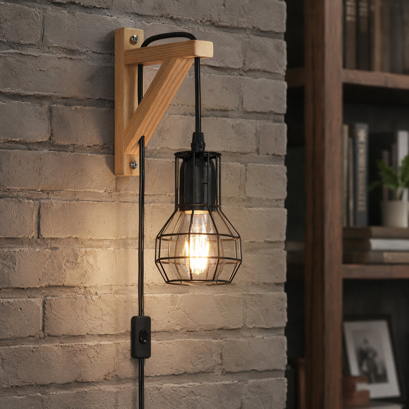 Kasimira Solid Wood Plug-in Armed Wall Sconce for Bedside Reading, Compact Small-Space Accent Wall Light with Adjustable Arm for Bedroom, Hallway, Entryway