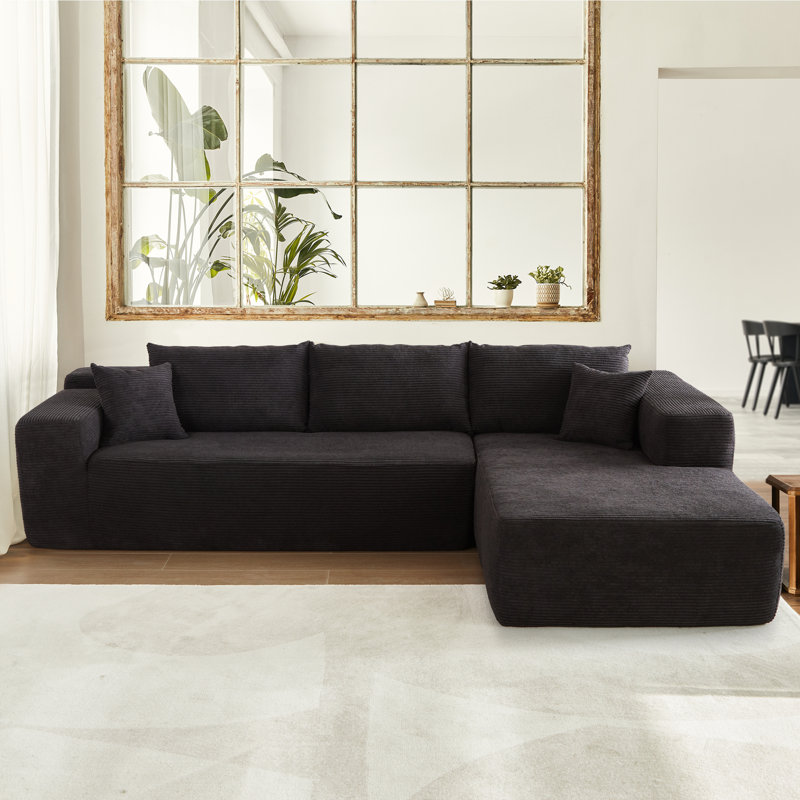 Natick Upholstered L-Shaped Sectional, Black Polyester, Right Hand Facing