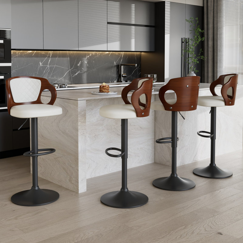 Ferriera Set of 4 Swivel Bar Stool Upholstered Adjustable Height Counter Stool with Leather Seat Metal Frame, White