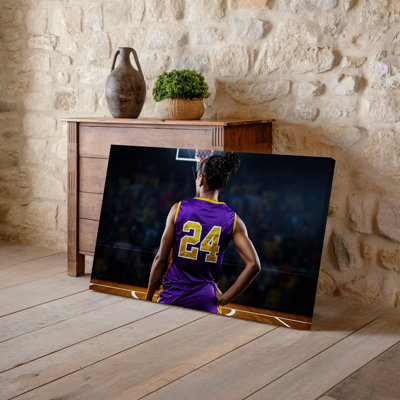 Canvas A Dynamic Basketball Scene Capturing A Player From The Back Wall Art Wearing A Vibrant Purple And Gold Jersey With The Number Canvas Wall Art