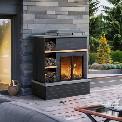 SUNJOY Red Barrel Studio® 42 in. Aukland Wood Burning Fireplace, Steel Outdoor Fireplace with Chimney, Log Holders, Fire Poker and PVC Cover
