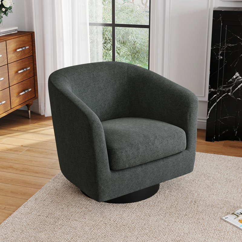 Upholstered Swivel Barrel Chair With Solid Wood Base, Grey