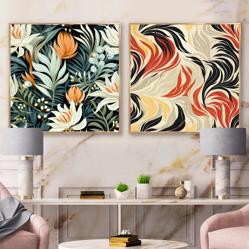 Lonepine - Ensemble de 2 collages carrés floraux, Cadre flottant doré, H 36 po x l 73 po