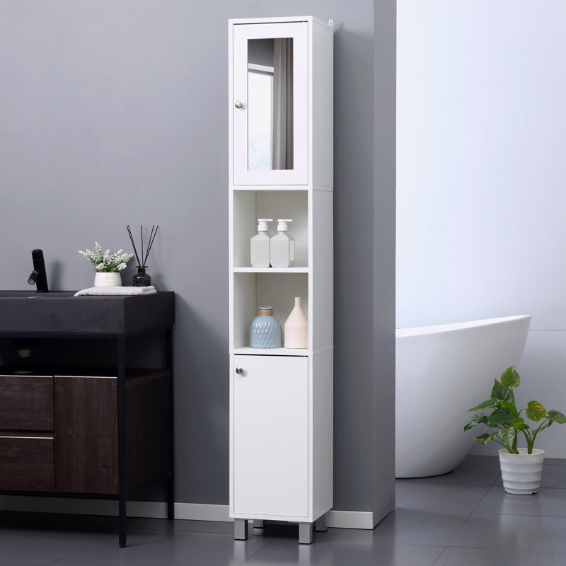 Armoire de rangement, bois, tablettes de rangement réglables pour la salle de bain, grande avec miroir, tour autoportante en bois avec