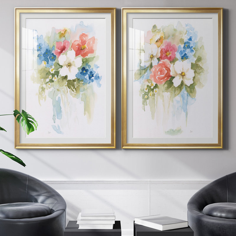 «Spring Medley I», ensemble de 2 reproductions d'art, H 30,5 po x l 85 po x P 1,5 po, Papier encadré doré, Blanc